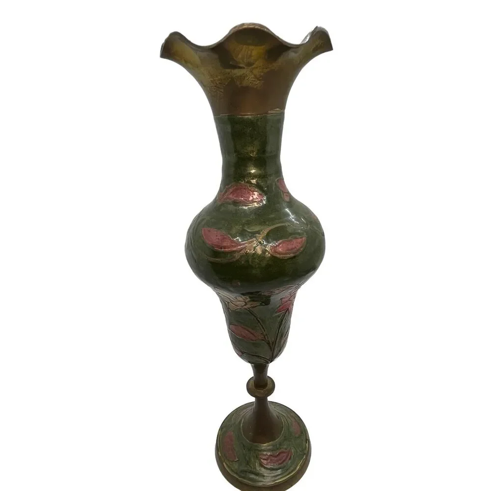 Brass Enamel Vase Footed Fluted Top Green Pink Cream Vintage MCM Retro Decor - Picture 5 of 16